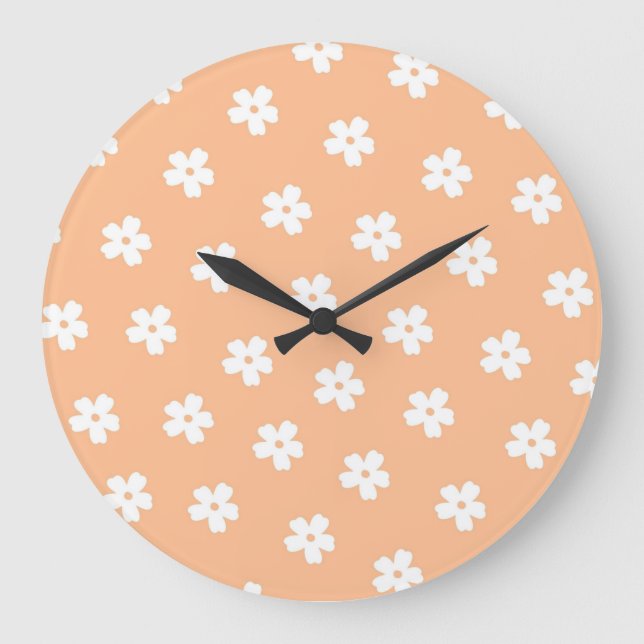 Peach & White Blommigt Retro, Cheerful Stor Klocka (Framsida)