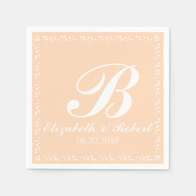 Peach White Bröllop Monogram Pappersservett (Framsidan)