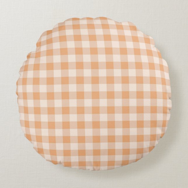 Peach White Checkated Gingham Mönster Rund Kudde (Framsidan)