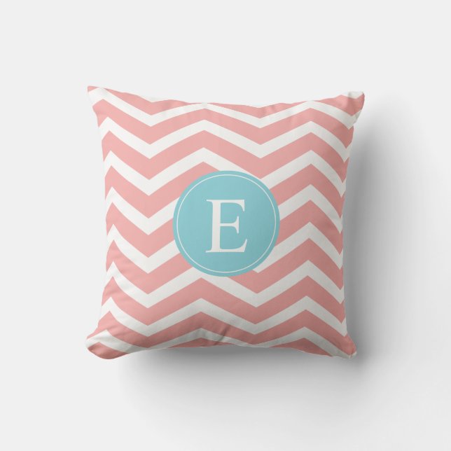Peach White Chevron Blue Monogram Kudde (Framsida)