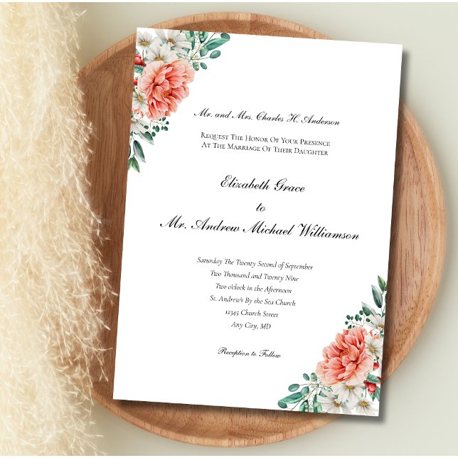 Peach White Greenery Blommigt Elegant Formal Bröll Inbjudningar (Peach White Greenery Eucalyptus Wedding invitation Formal Traditional Classy Printed or Digital )