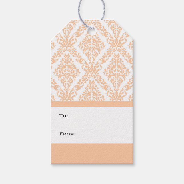 Peach White Modern Damask Gift-Märkre Presentetikett (Framsidan)