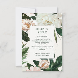 Peach White Peonies & Grönt Löv Blommigt Bröllop OSA Kort