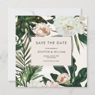 Peach White Peonies & Grönt Löv Blommigt Bröllop Spara Datumet