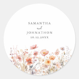 Peach Wildblomma Blommigt Bröllop Runt Klistermärke