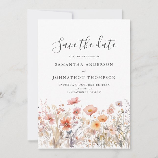 Peach Wildblomma Blommigt Watercolor Bröllop Flat Spara Datumet (Framsida)