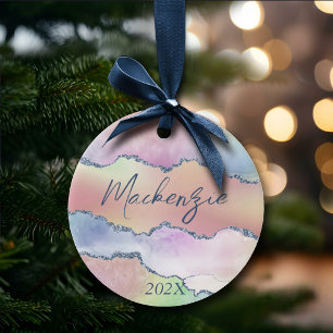 Peachy Agate Söt Soft Pastel Ombre Monogram Julgransprydnad Keramik