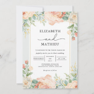 Peachy Blommigt Flourish Bröllop Inbjudningar