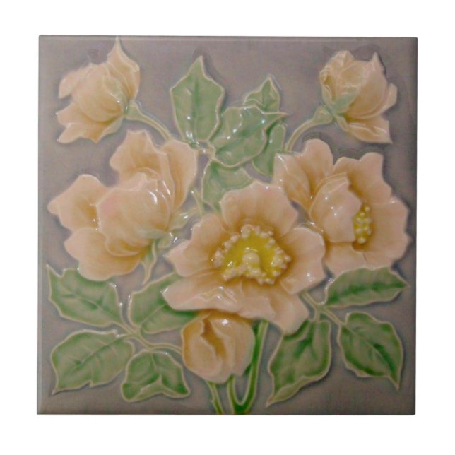 Peachy Blommigt Majolica Faux Relief c1900 Repro Kakelplatta (Framsidan)
