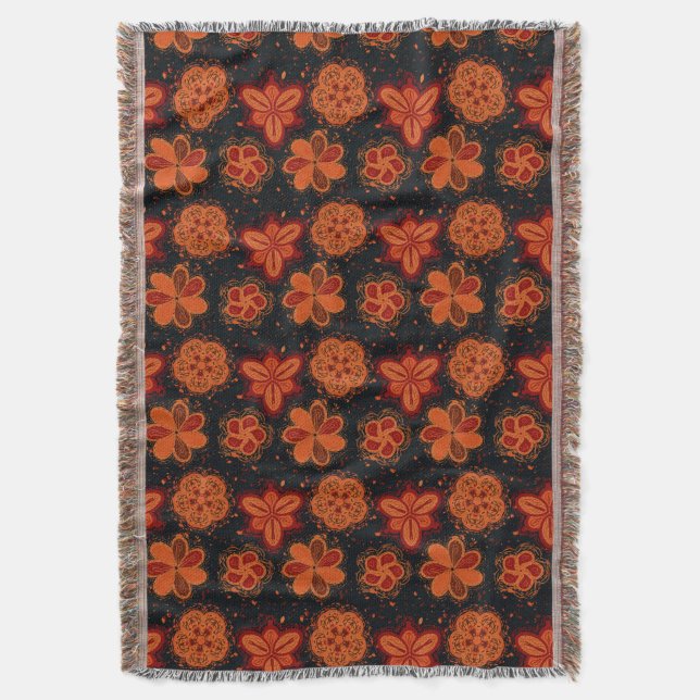 Peachy orangy-blommor mörk mönster filt (Framsidan Vertikal)