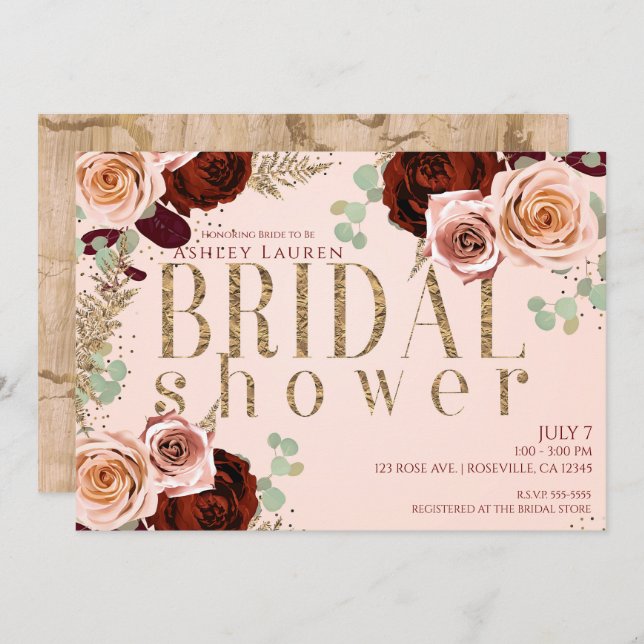 Peachy Ro Guld Rosa Burgundy Rosor Möhippa Inbjudningar (Fram/baksida)