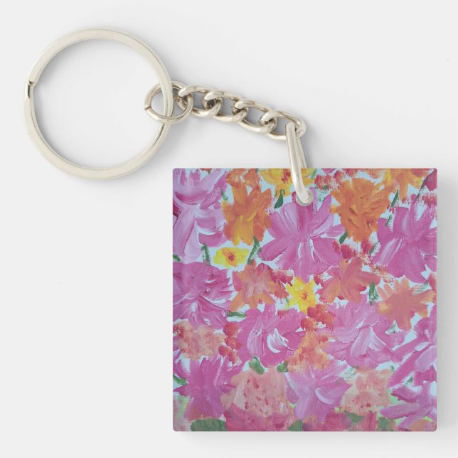 Peachy Rosa Blommigt Acrylic Square Keychain (Framsidan)