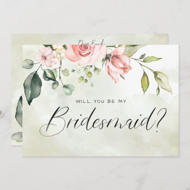 Peachy Rosa Blommigt Watercolor Script Bridesmaid Inbjudningar (Fram/baksida)