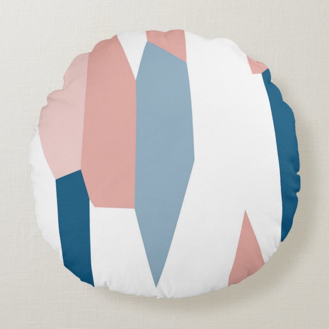 Peachy Rosa Blue and White Abstrakt Rund Kudde (Framsidan)