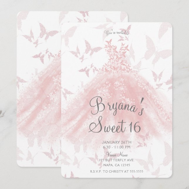 Peachy Rosa Butterfly Dance Dress Sweet 16 Party Inbjudningar (Fram/baksida)