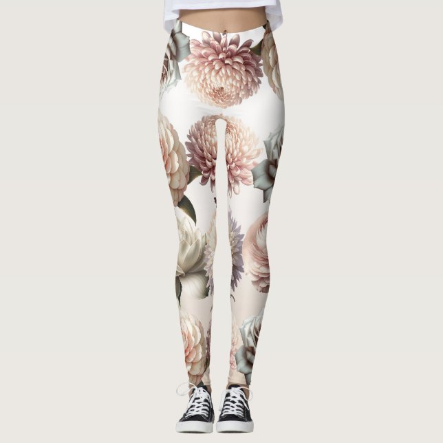 Peachy Rosa Creamy White Flowers Blommigt Bröllop Leggings (Framsida)