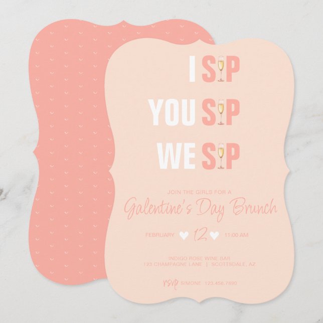 Peachy Rosa Galentine's Champaign Brunch Inbjudan (Fram/baksida)