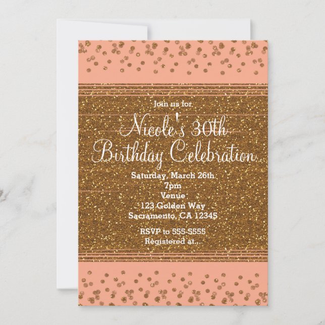 Peachy Rosa & Guld Confetti Dots Party-inbjudninga Inbjudningar (Framsida)