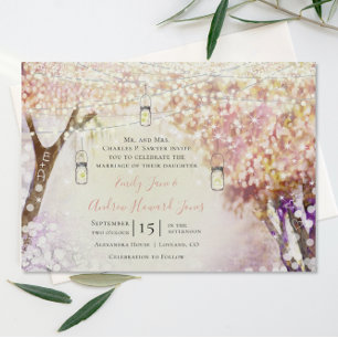 Peachy Rosa Lila Fairy Boho Forest Bröllop Inbjudningar