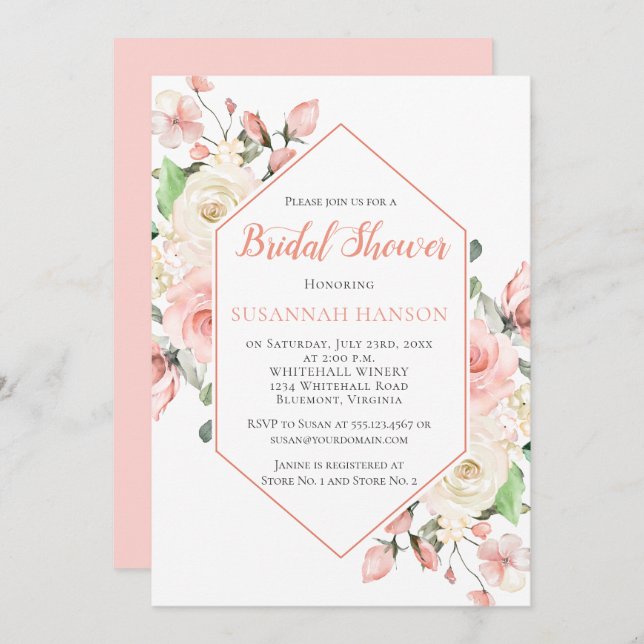 Peachy Rosa och Vit ros Ram Möhippa Inbjudningar (Fram/baksida)