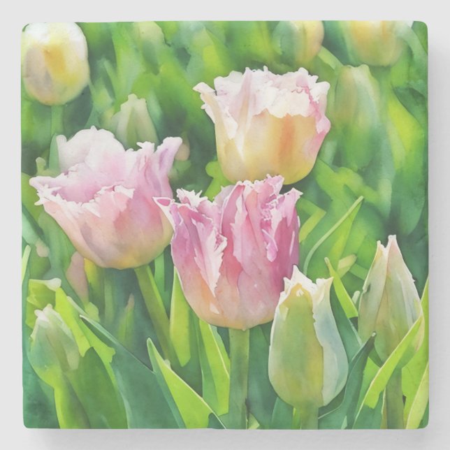 Peachy Rosa Tulip Garden Art Marble Stenunderlägg (Framsidan)