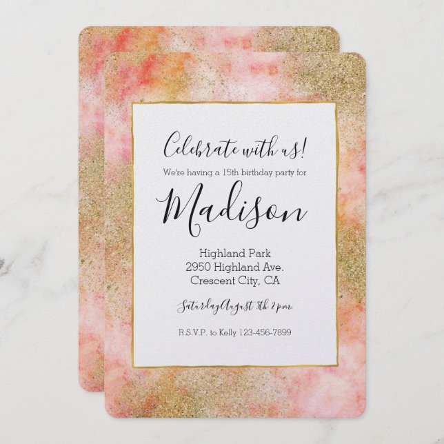 Peachy Rosa Watercolor Guld Faux Glitter Inbjudningar (Fram/baksida)