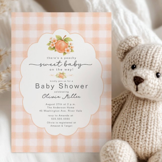 Peachy Sweet Baby Shower Gingham Inbjudan (Skapare uppladdad)