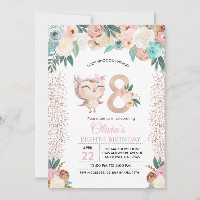 Peachy Uggla 8:e födelsedagsinbjudan Inbjudningar (Framsida)