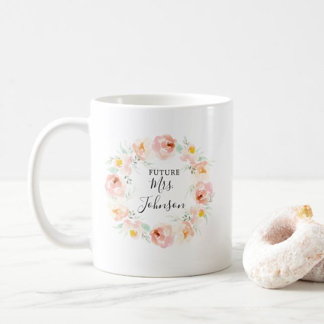 Peachy Watercolor Blommigt Bride to be coffee Mugg (Med munk)