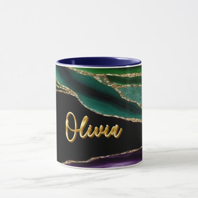 Peacock Agate Struktur 06 Golden 3D Text Anpassnin Mugg (Center)