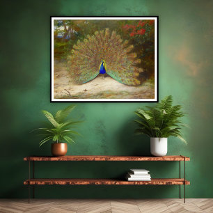 Peacock and Peacock Butterfly, Art Illustration Poster
