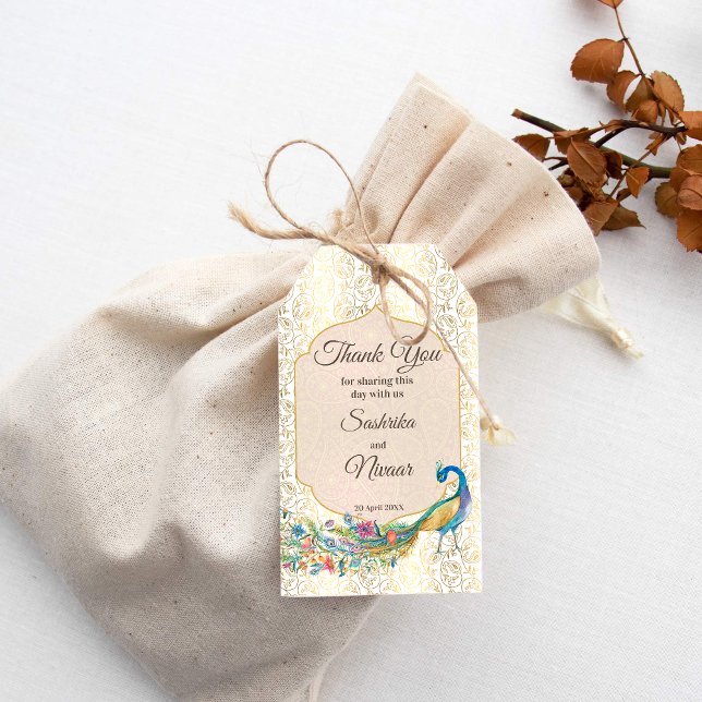 Peacock Arabian mönster indisk bröllopsgåva Presentetikett (Indian wedding peacock gold paisley favor gift tags peacock thank you tags)