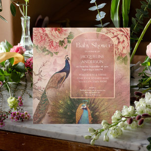 Peacock Arch Rosa Peony Flower Baby Shower Inbjudningar
