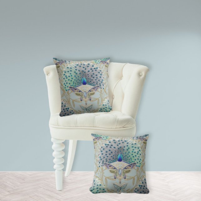 Peacock Art Deco Nouveau Butterfly Elegant Guld Kudde (Skapare uppladdad)