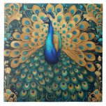 Peacock Art nouveau Art Deco Turcos & Guld Kakelplatta<br><div class="desc">"art nouveau-plockfågel",  "art deco vintage antique",  "guld-turkos och teal",  "vibrant mörk blått grönt",  "snyggt glamous peacocks-fjäthers",  "exotisk fjäder av klass",  "vackert djur",  "stil av gustav klimt", </div>