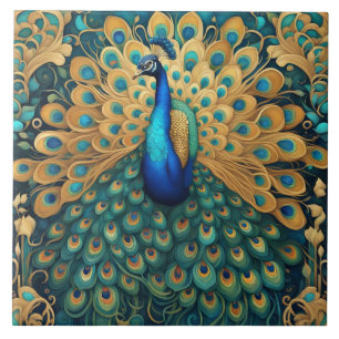 Peacock Art nouveau Art Deco Turcos & Guld Kakelplatta