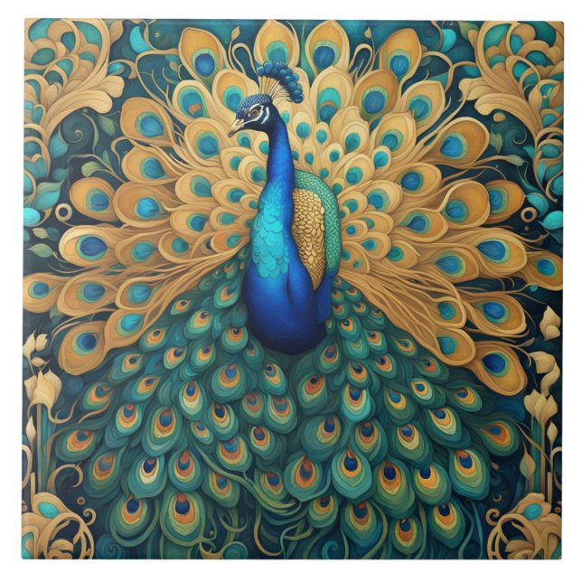 Peacock Art nouveau Art Deco Turcos & Guld Kakelplatta (Framsidan)