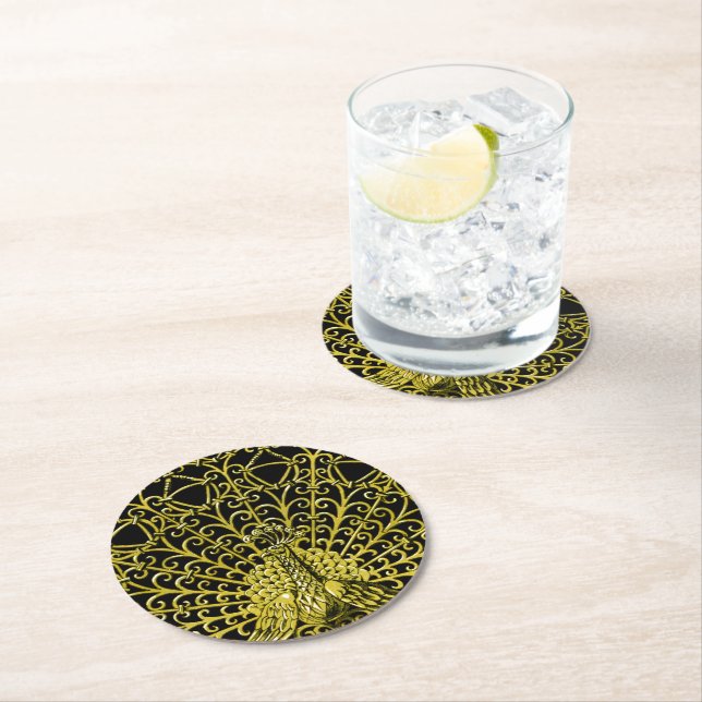 Peacock art nouveau Guld Underlägg Papper Rund (Insitu)
