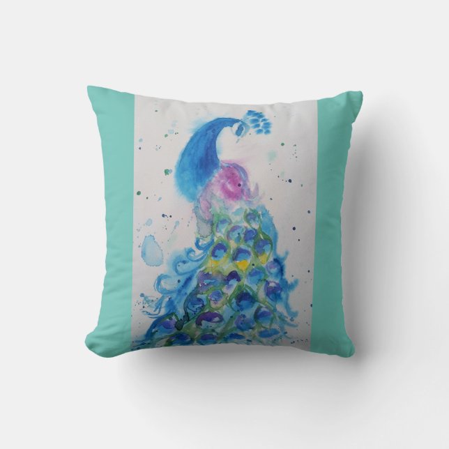 Peacock art Watercolor Painting Cushion Aqua mynta Kudde (Framsida)