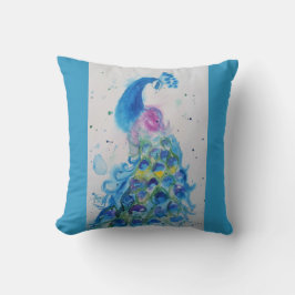 Peacock art Watercolor Painting Cushion Aqua Teal Kudde