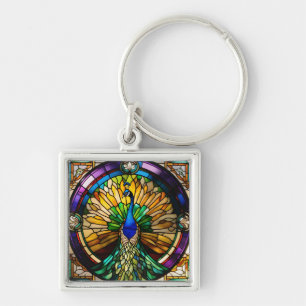 Peacock av fastnat glas fyrkantig silverfärgad nyckelring