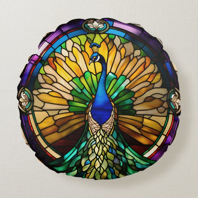 Peacock av fastnat glas rund kudde (Framsidan)