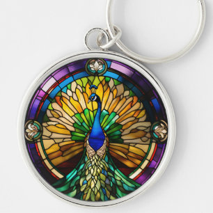 Peacock av fastnat glas rund silverfärgad nyckelring