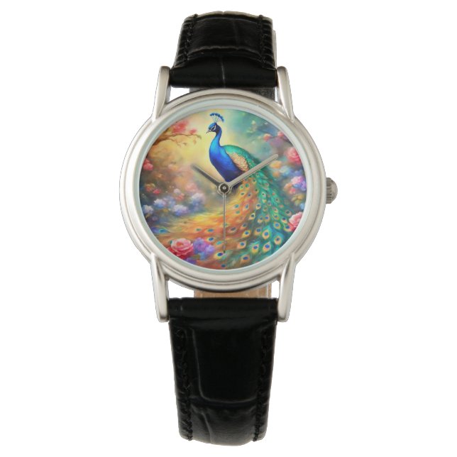 Peacock Bird 100 med blommor Armbandsur (Framsida)