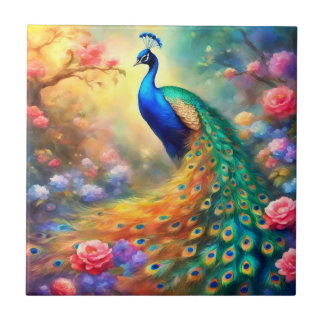 Peacock Bird 100 med blommor Kakelplatta