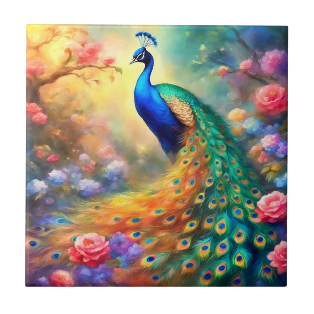 Peacock Bird 100 med blommor Kakelplatta (Framsidan)