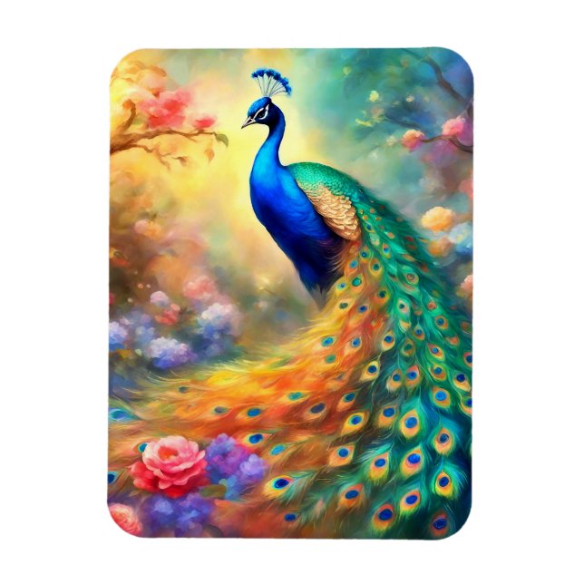 Peacock Bird 100 med blommor Magnet (Vertikal)