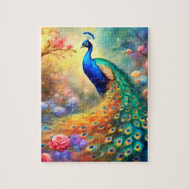 Peacock Bird 100 med blommor Pussel (Vertikal)