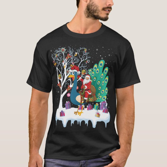 Peacock Bird Älskare Julafton Gift Santa Riding Pe T Shirt (Framsida)