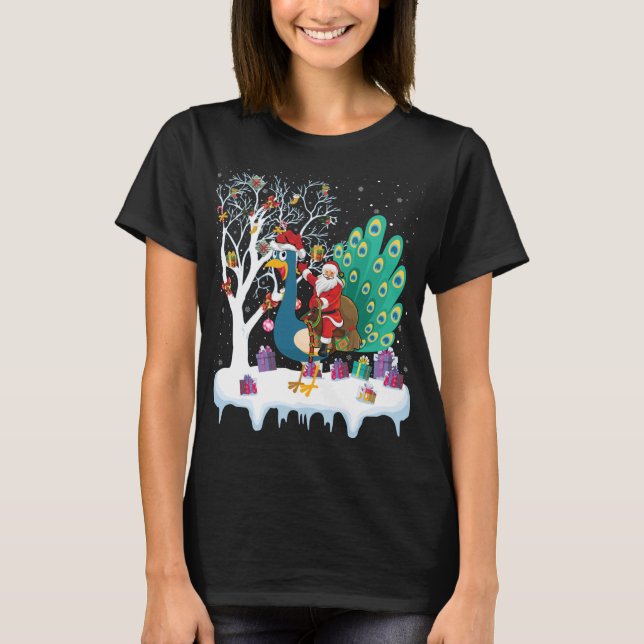 Peacock Bird Älskare Julafton Gift Santa Riding Pe T Shirt (Framsida)